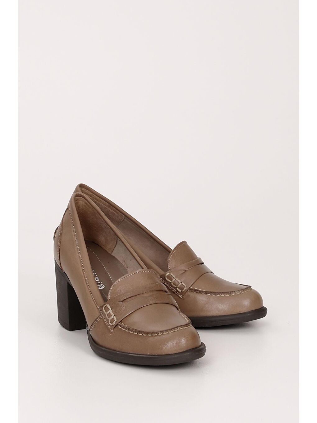 Bej VİZON  Hakiki Deri Yuvarlak Burun Kalın Topuklu Kauçuk Taban Loafer Kadın Ayakkabı 24072