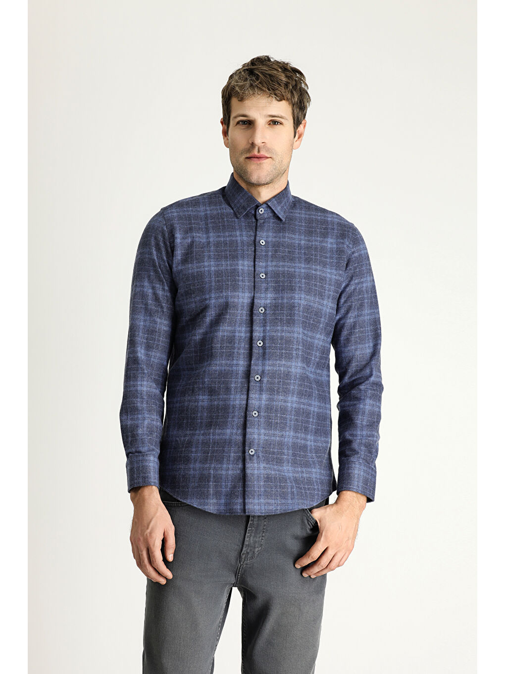 Mavi Uzun Kol Slim Fit Dar Kesim Oduncu Ekose Pamuklu Gömlek-2