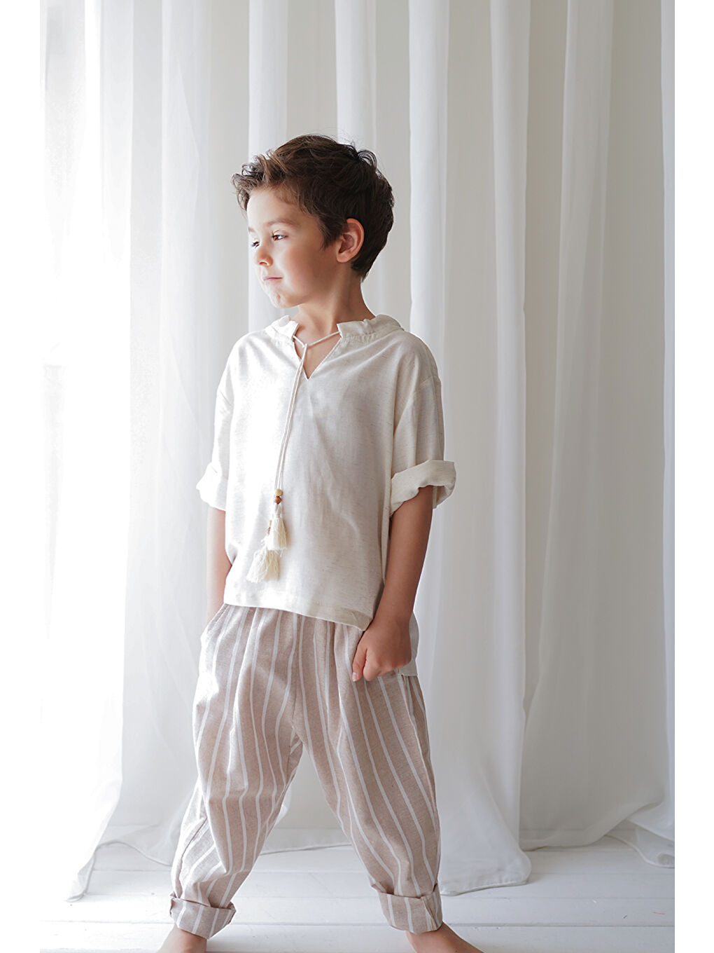 Catz Kids Beyaz-Açık Kahverengi Linen Line Kahve Beyaz Çizgili Carrot Pantolon + Krem Keten İpli Gömlek - 3