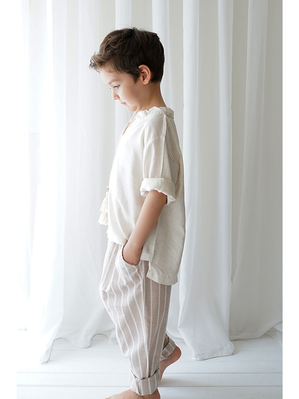 Catz Kids Beyaz-Açık Kahverengi Linen Line Kahve Beyaz Çizgili Carrot Pantolon + Krem Keten İpli Gömlek - 1