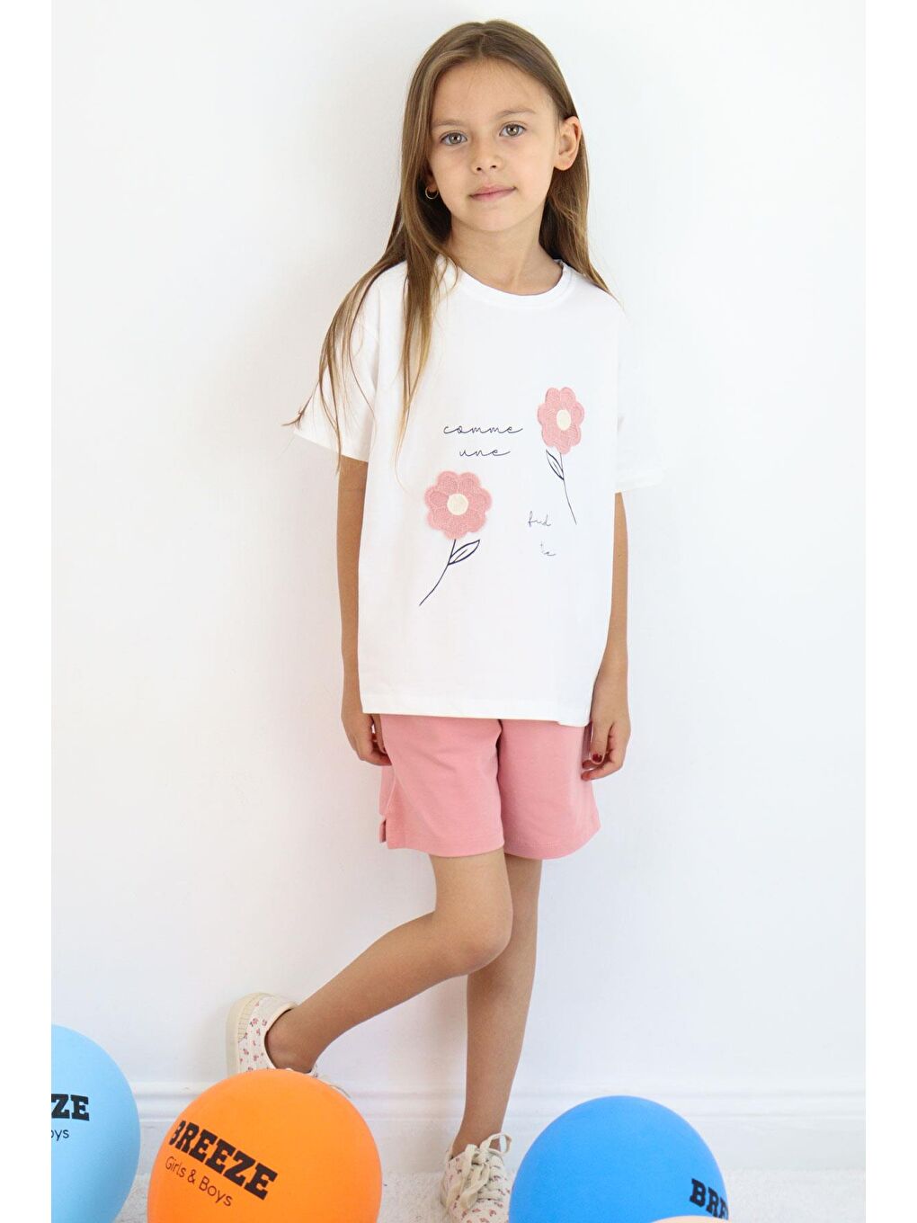 Kız Çocuk Şortlu Takım Örgü Çiçek İşlemeli Ekru (9 Yaş)-1