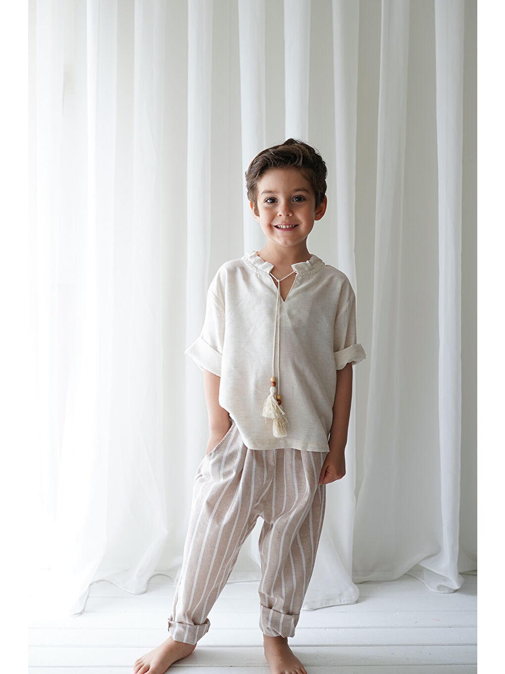 Catz Kids Beyaz-Açık Kahverengi Linen Line Kahve Beyaz Çizgili Carrot Pantolon + Krem Keten İpli Gömlek