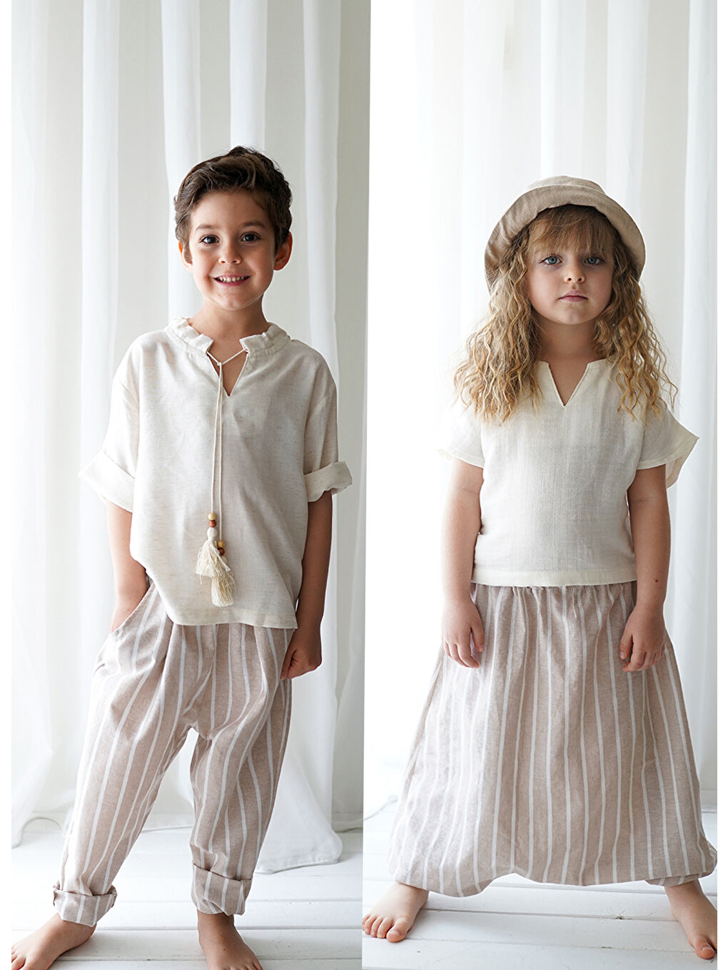 Catz Kids Beyaz-Açık Kahverengi Linen Line Kahve Beyaz Çizgili Carrot Pantolon + Krem Keten İpli Gömlek - 4