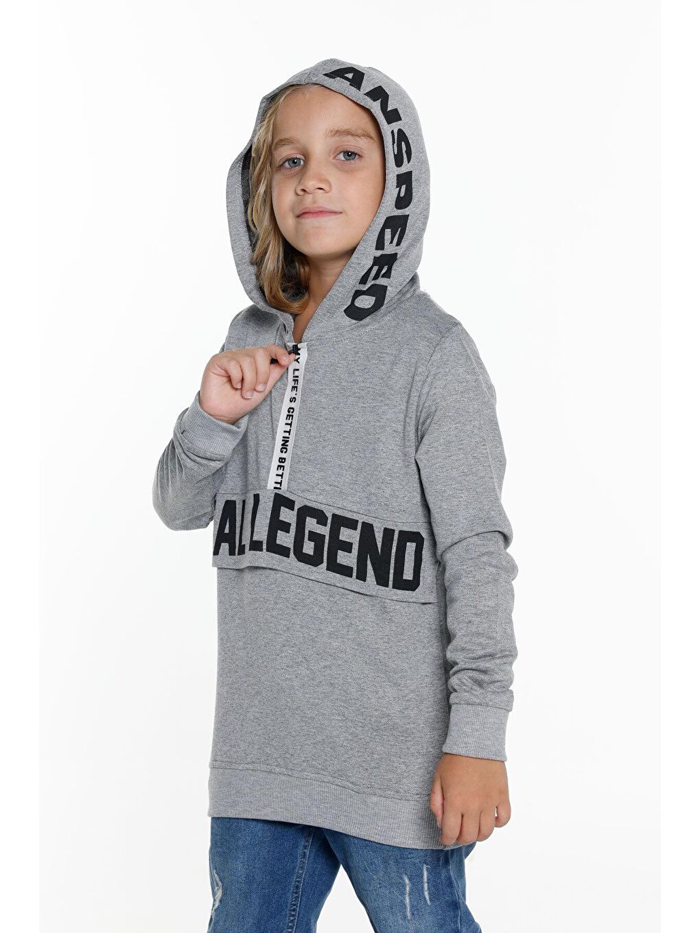 Gri Erkek Çocuk Kapüşonlu Fermuarlı Sweatshirt 4-14 Yaş 14013
