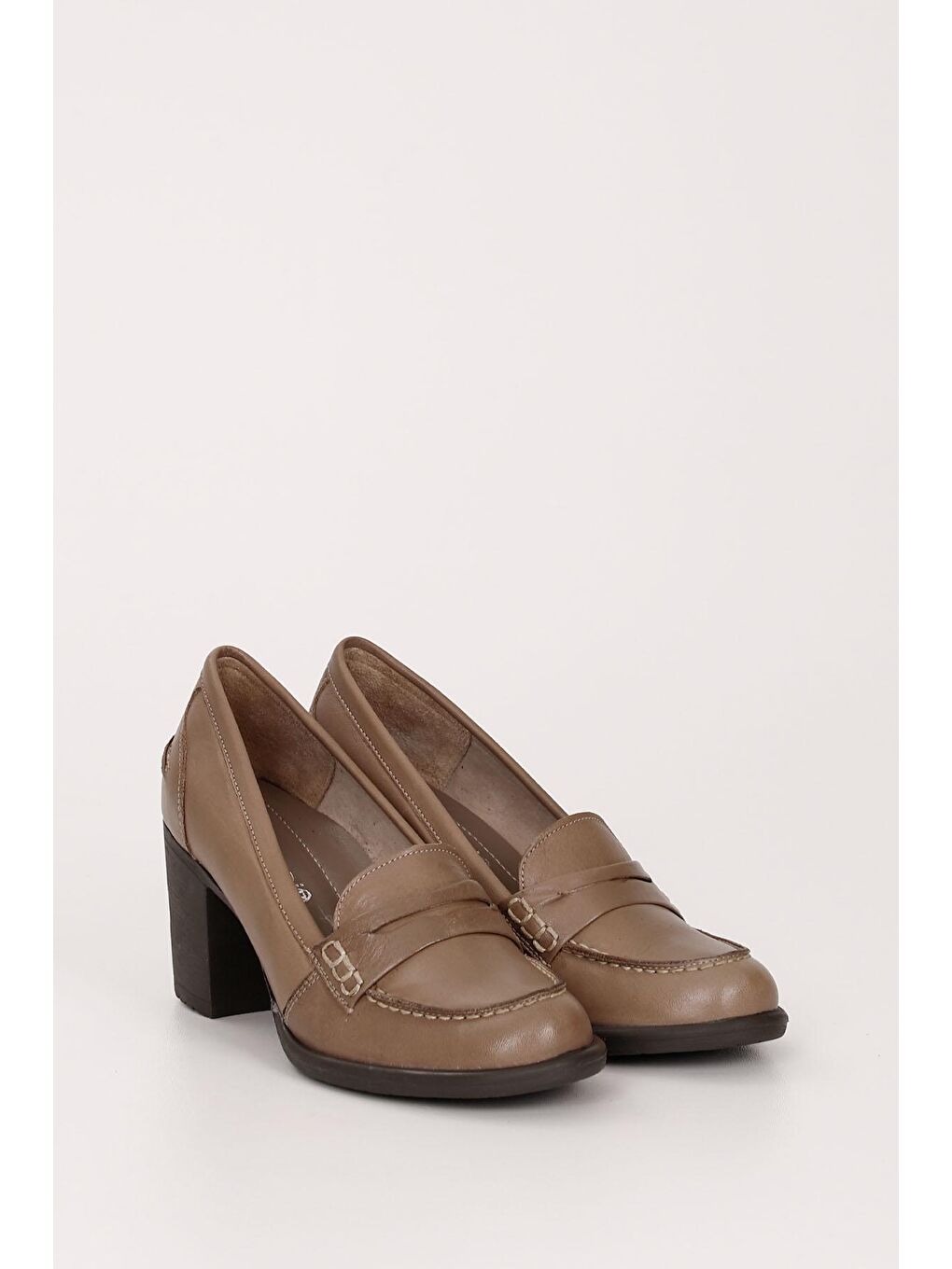 Bej VİZON  Hakiki Deri Yuvarlak Burun Kalın Topuklu Kauçuk Taban Loafer Kadın Ayakkabı 24072-1