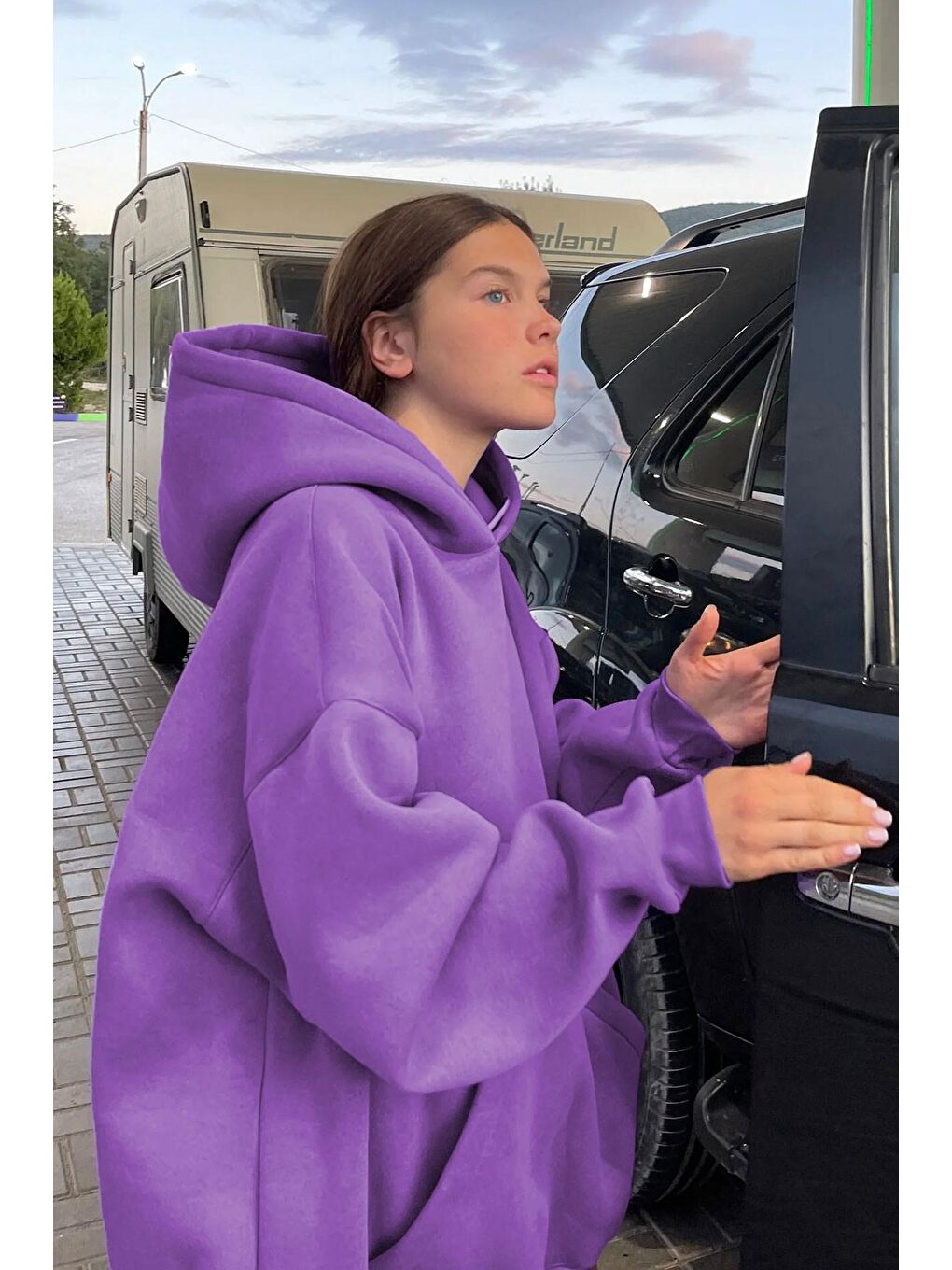 Madmext Mor Kapüşonlu Oversize Şardonlu  Sweatshirt MG1566 - 1