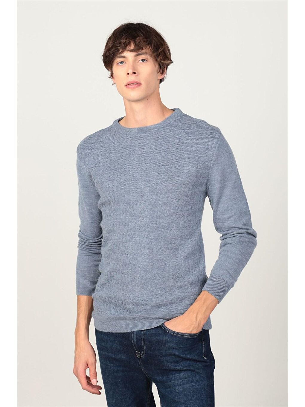 Slim Fit Bisiklet Yaka Kendinden Desenli Erkek İndigo Kazak