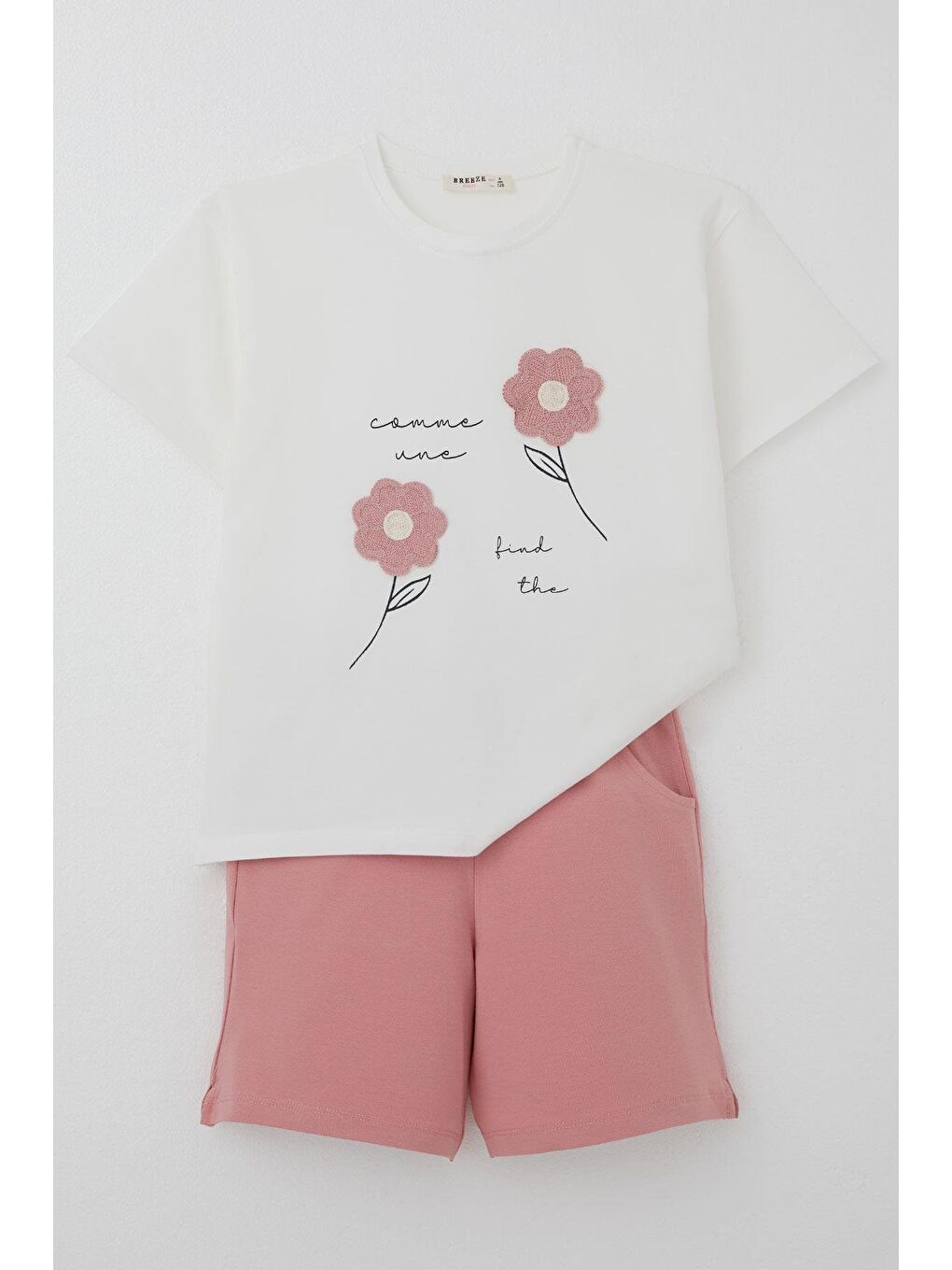 Kız Çocuk Şortlu Takım Örgü Çiçek İşlemeli Ekru (9 Yaş)-5