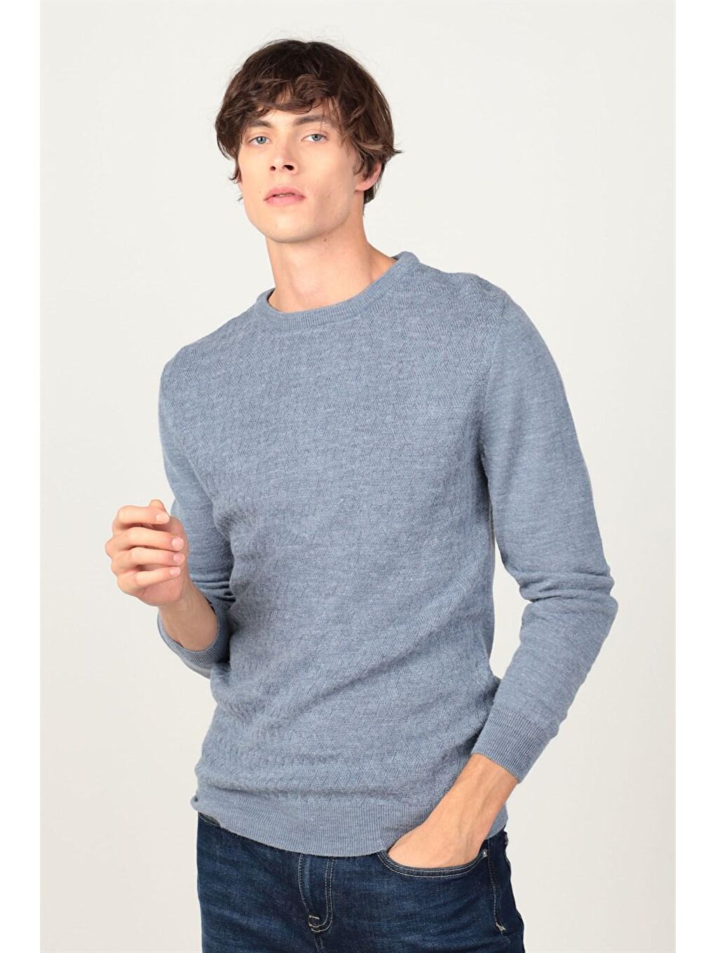 Slim Fit Bisiklet Yaka Kendinden Desenli Erkek İndigo Kazak-1