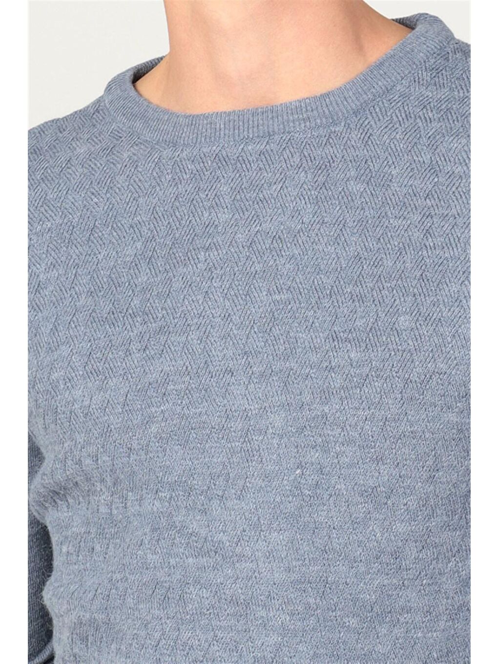 Slim Fit Bisiklet Yaka Kendinden Desenli Erkek İndigo Kazak-2