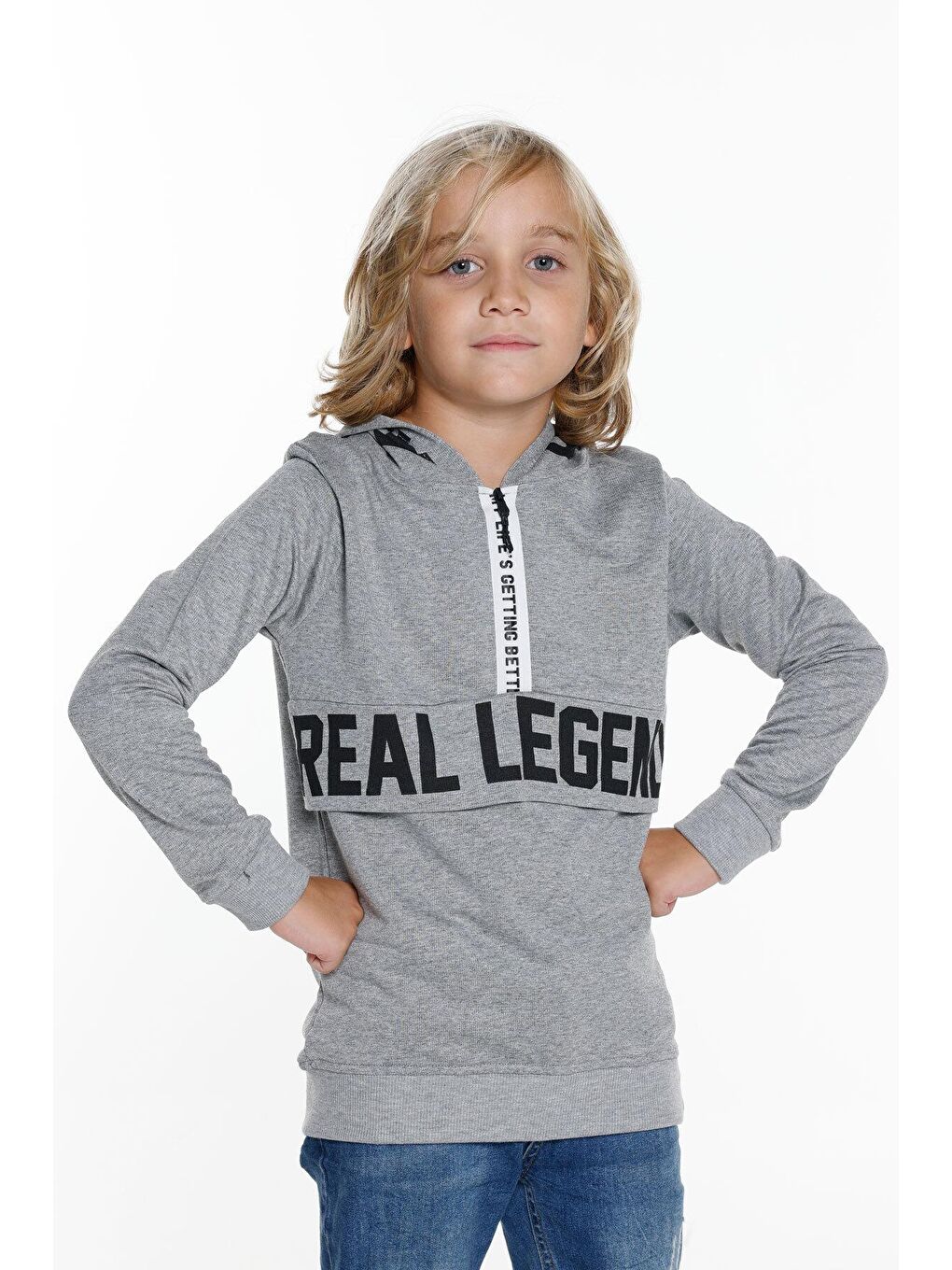 Gri Erkek Çocuk Kapüşonlu Fermuarlı Sweatshirt 4-14 Yaş 14013-1