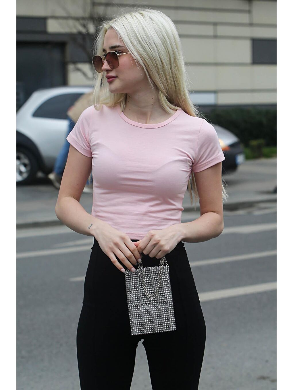 Pembe Pudra Basic Kadın Tişört / Vücuda Oturan Kesim Mg1681