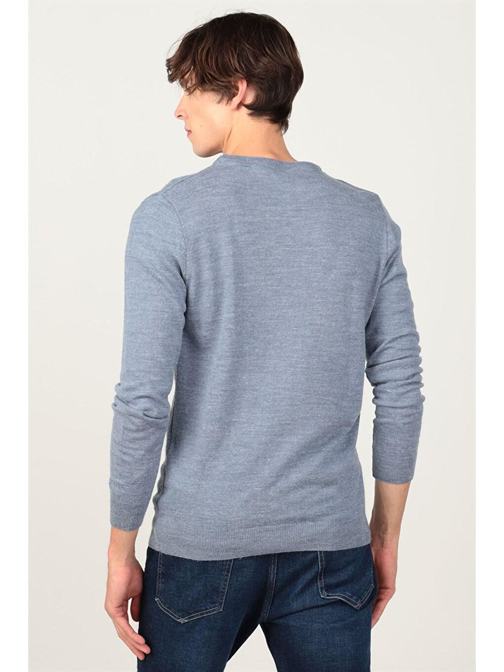 Slim Fit Bisiklet Yaka Kendinden Desenli Erkek İndigo Kazak-3