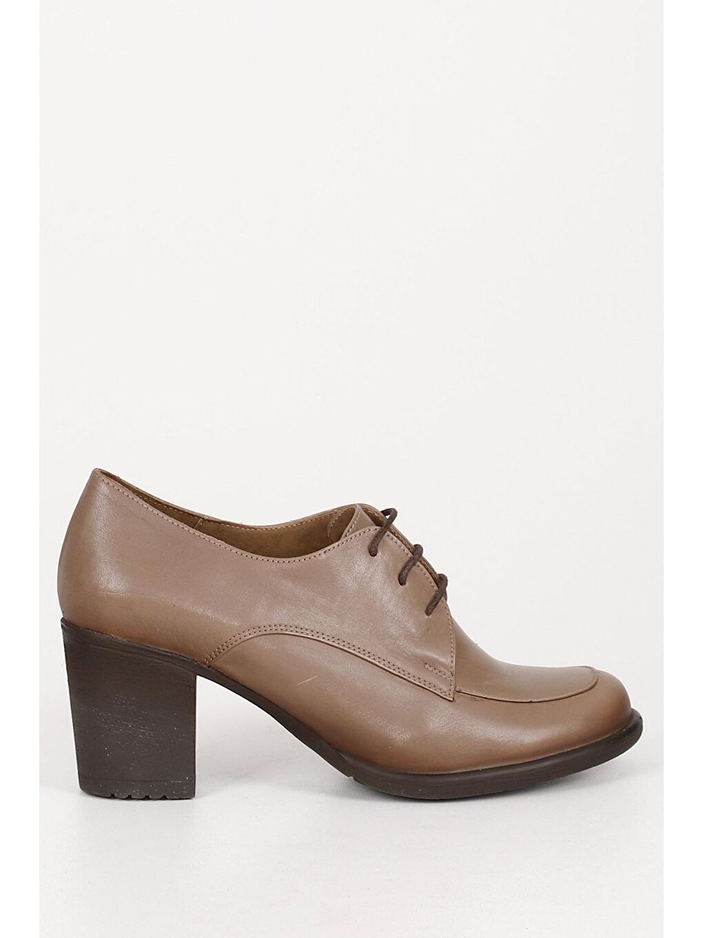Bej VİZON  Hakiki Deri Yuvarlak Burun Kalın Orta Topuklu Kauçuk Taban Bağcıklı Kadın Ayakkabı 24071-3