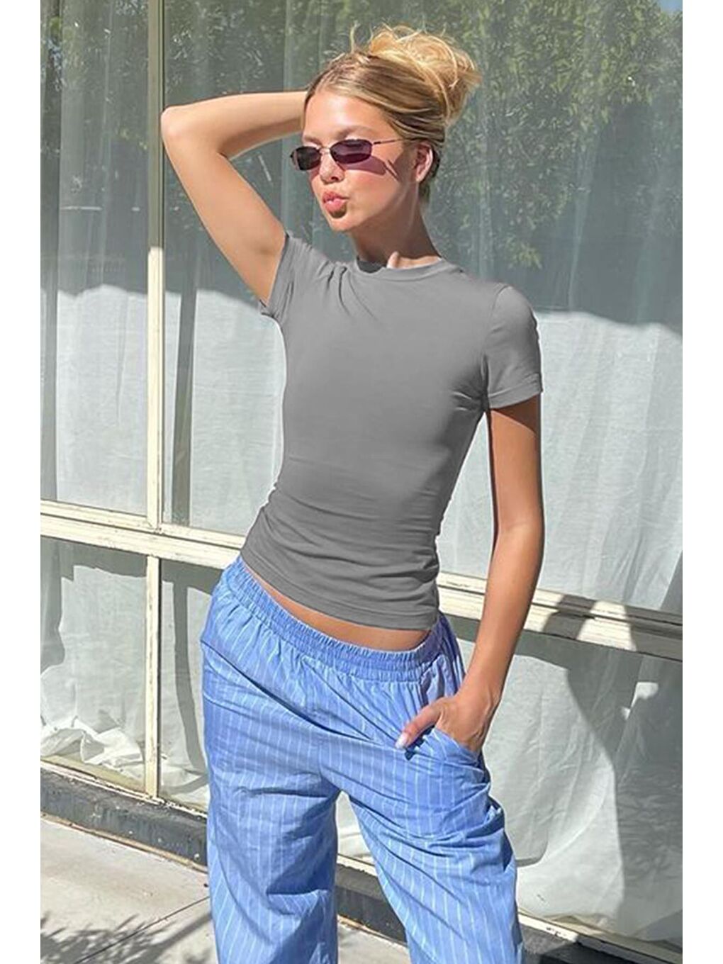 Boyalı Gri Bisiklet Yaka Basic Kadın Tişört Mg1725-1