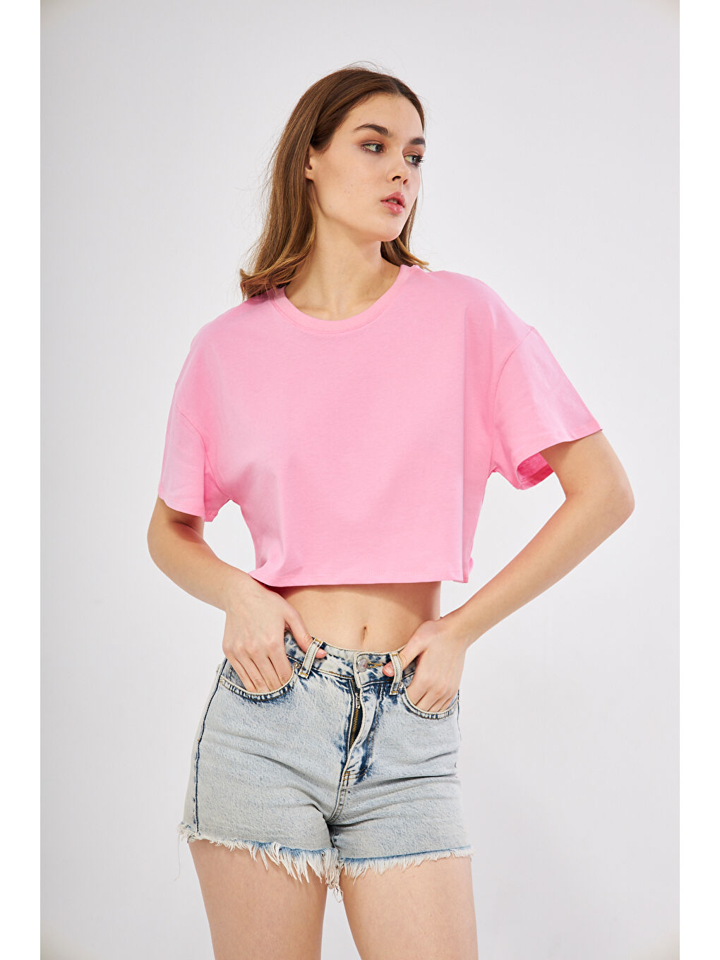 Charamela Pembe Oversize Pembe Crop Tişört - 1