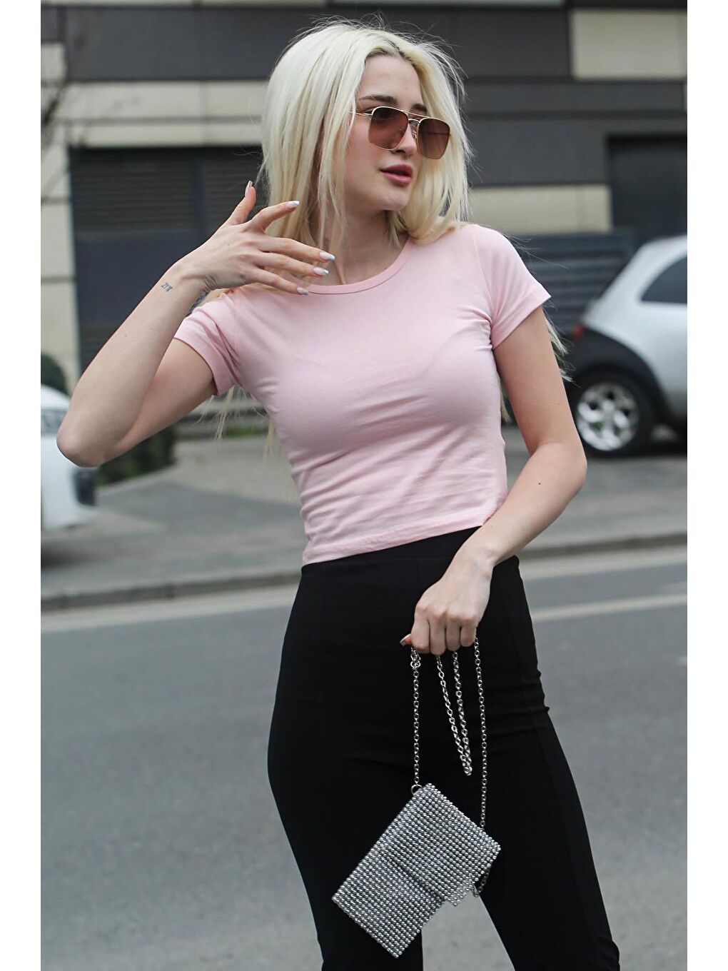 Pembe Pudra Basic Kadın Tişört / Vücuda Oturan Kesim Mg1681-1