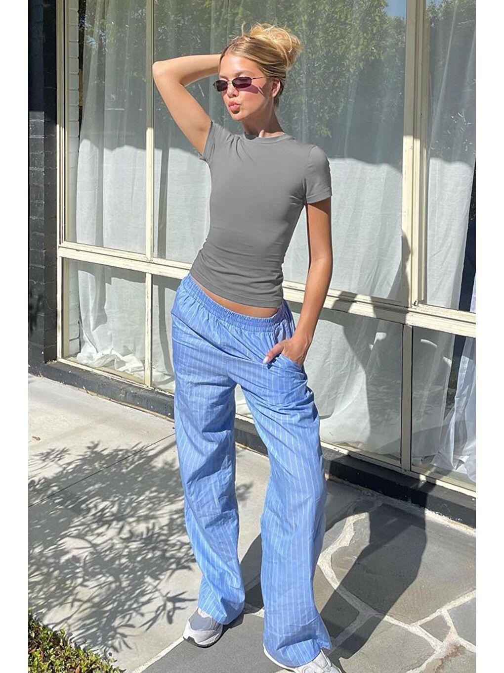 Boyalı Gri Bisiklet Yaka Basic Kadın Tişört Mg1725-2