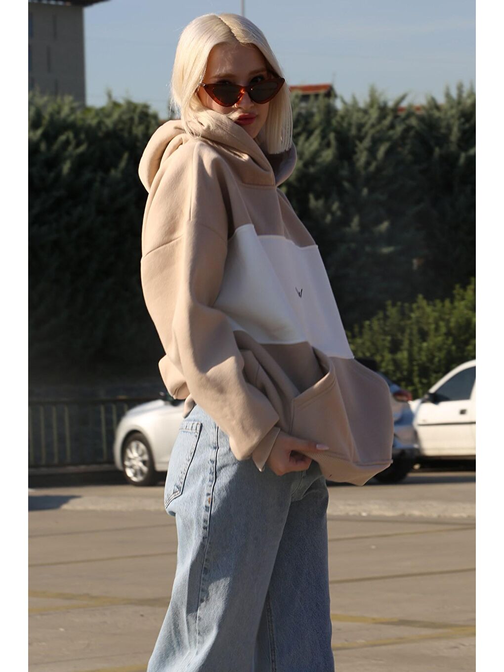 Bej Renk Bloklu Şardonlu Sweatshirt Mg1544-2