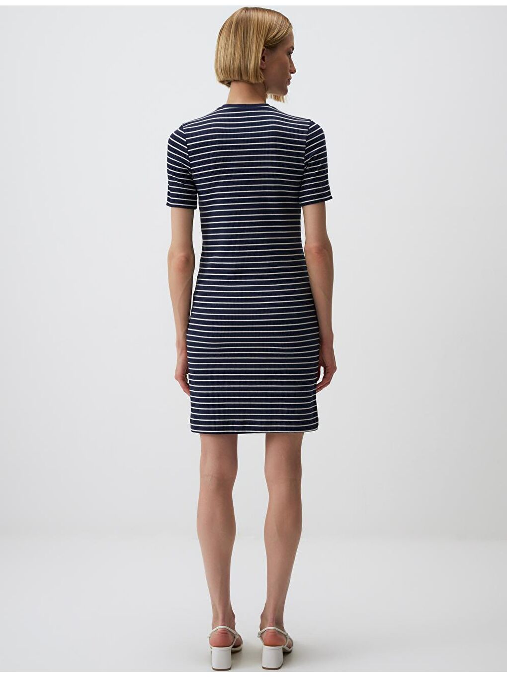 Lacivert Kısa Kollu Bisiklet Yaka Çizgili Mini Elbise-5