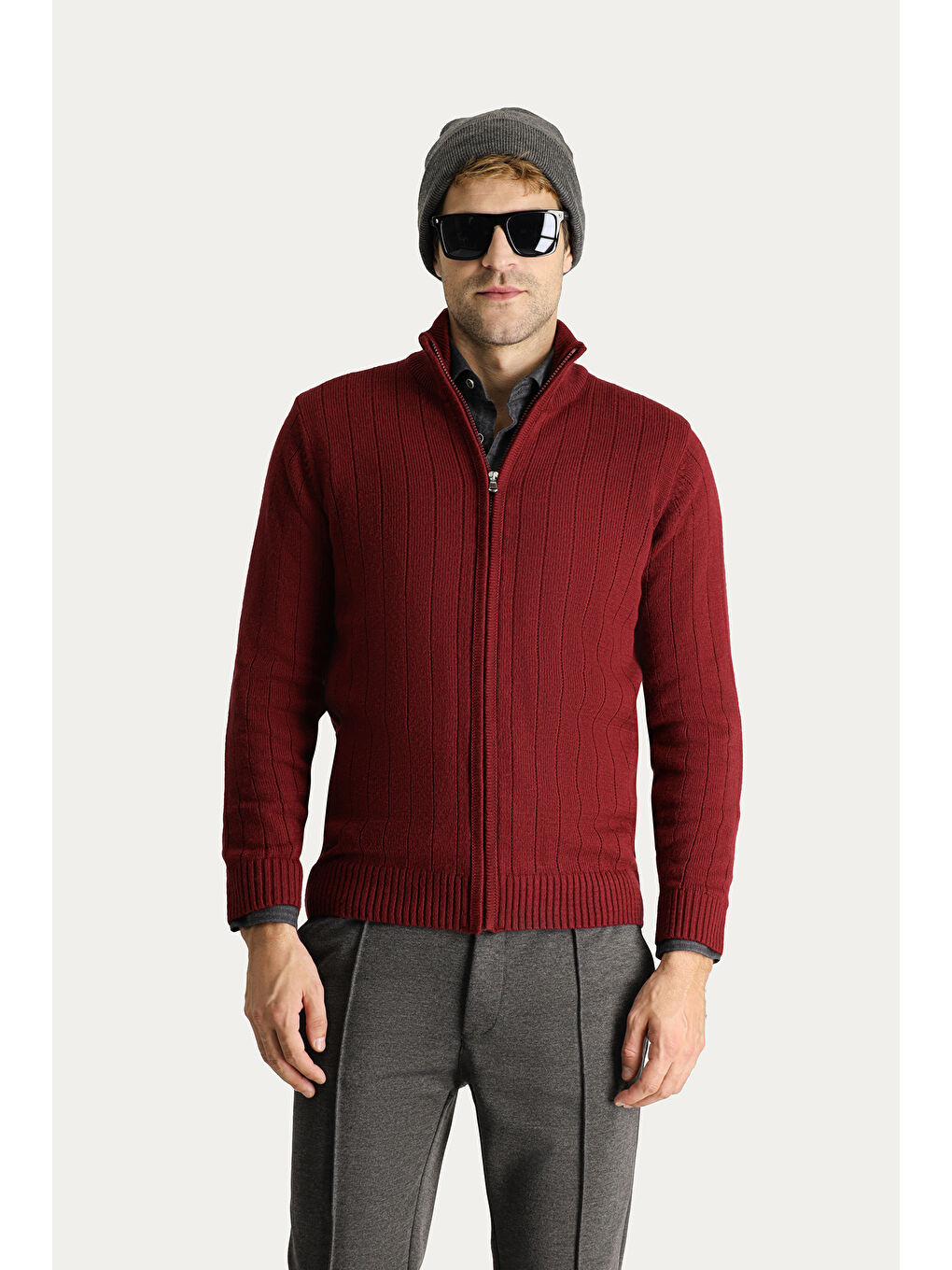 Bordo Fermuarlı Triko Hırka-3