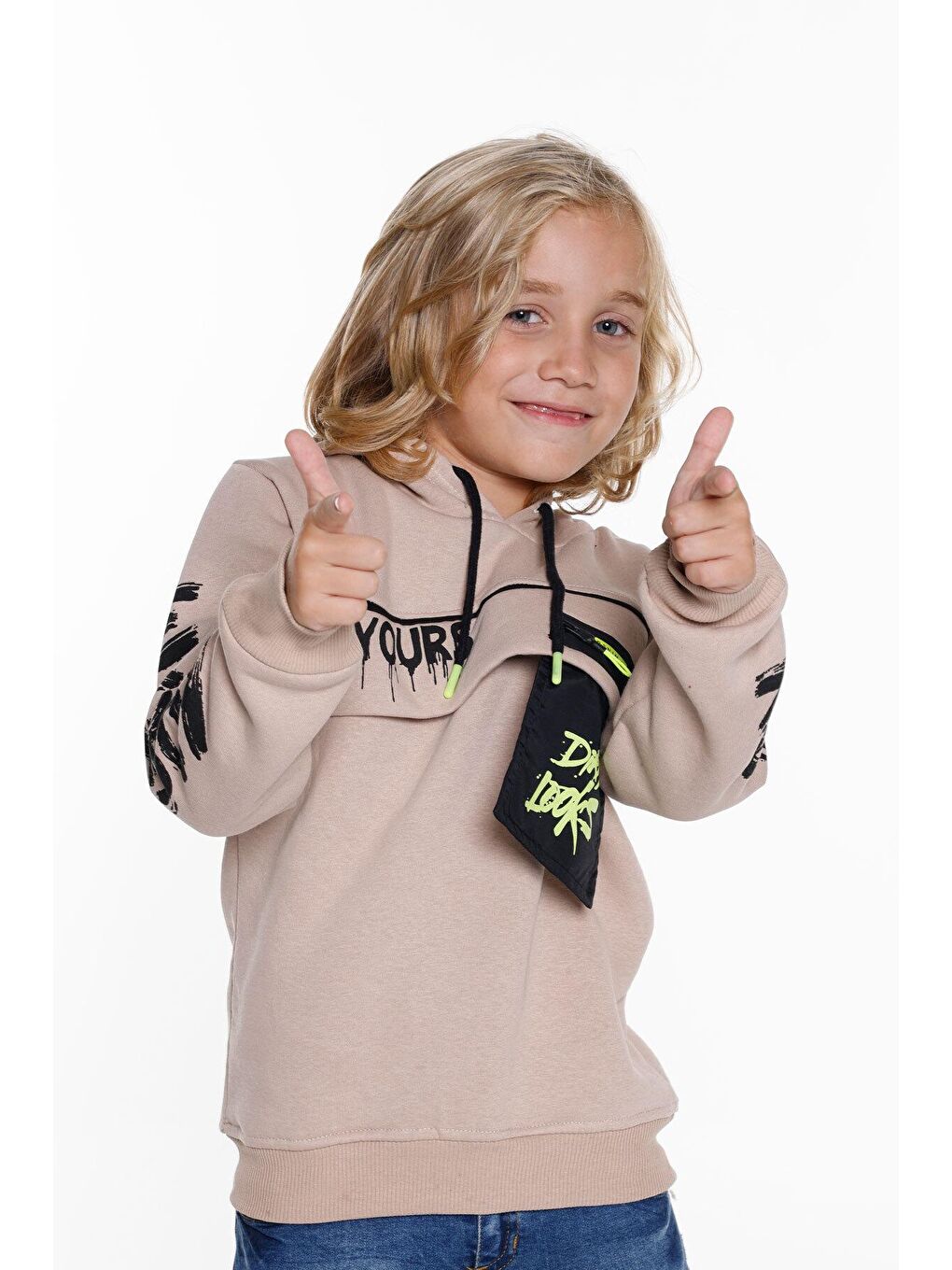 Ekru Erkek Çocuk Yours Yazı Baskılı Kapüşonlu Sweatshirt 14183