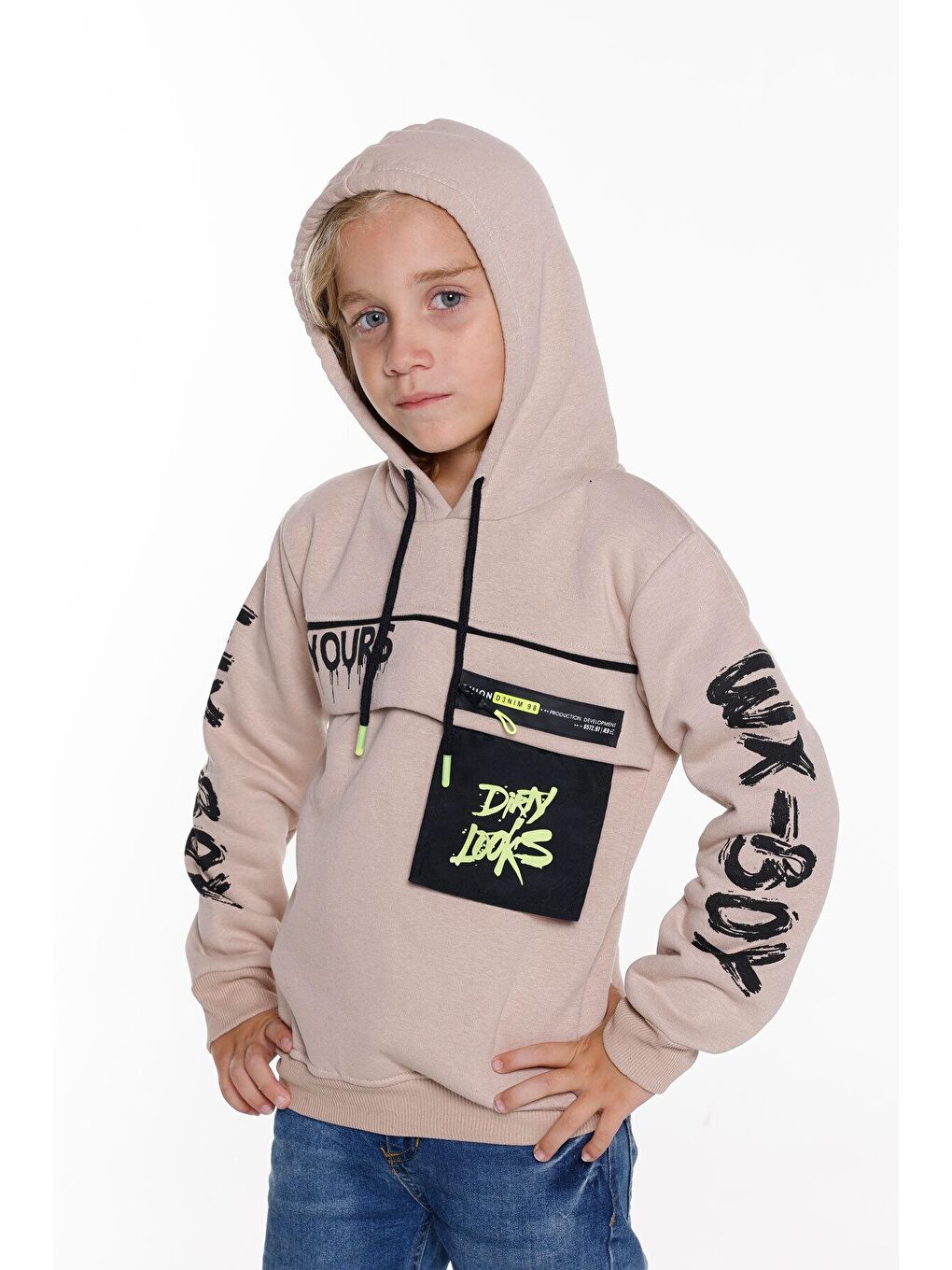 Ekru Erkek Çocuk Yours Yazı Baskılı Kapüşonlu Sweatshirt 14183-1