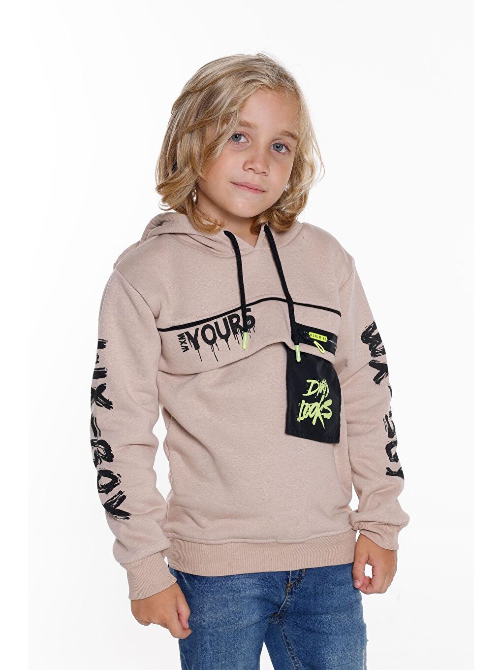 Ekru Erkek Çocuk Yours Yazı Baskılı Kapüşonlu Sweatshirt 14183-2