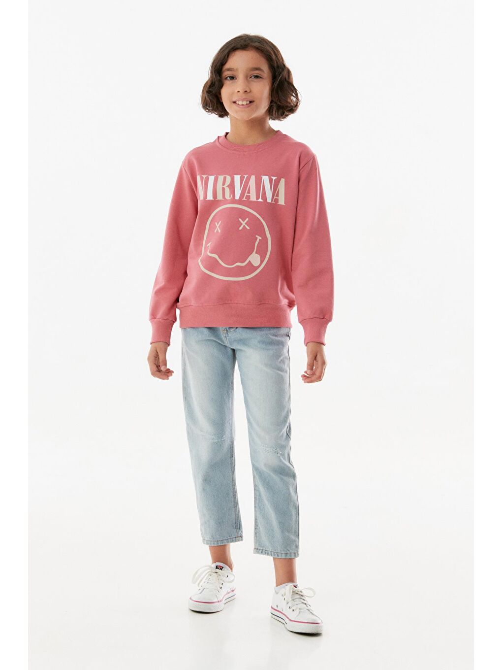Pembe Nirvana Baskılı Kız Çocuk Sweatshirt-1