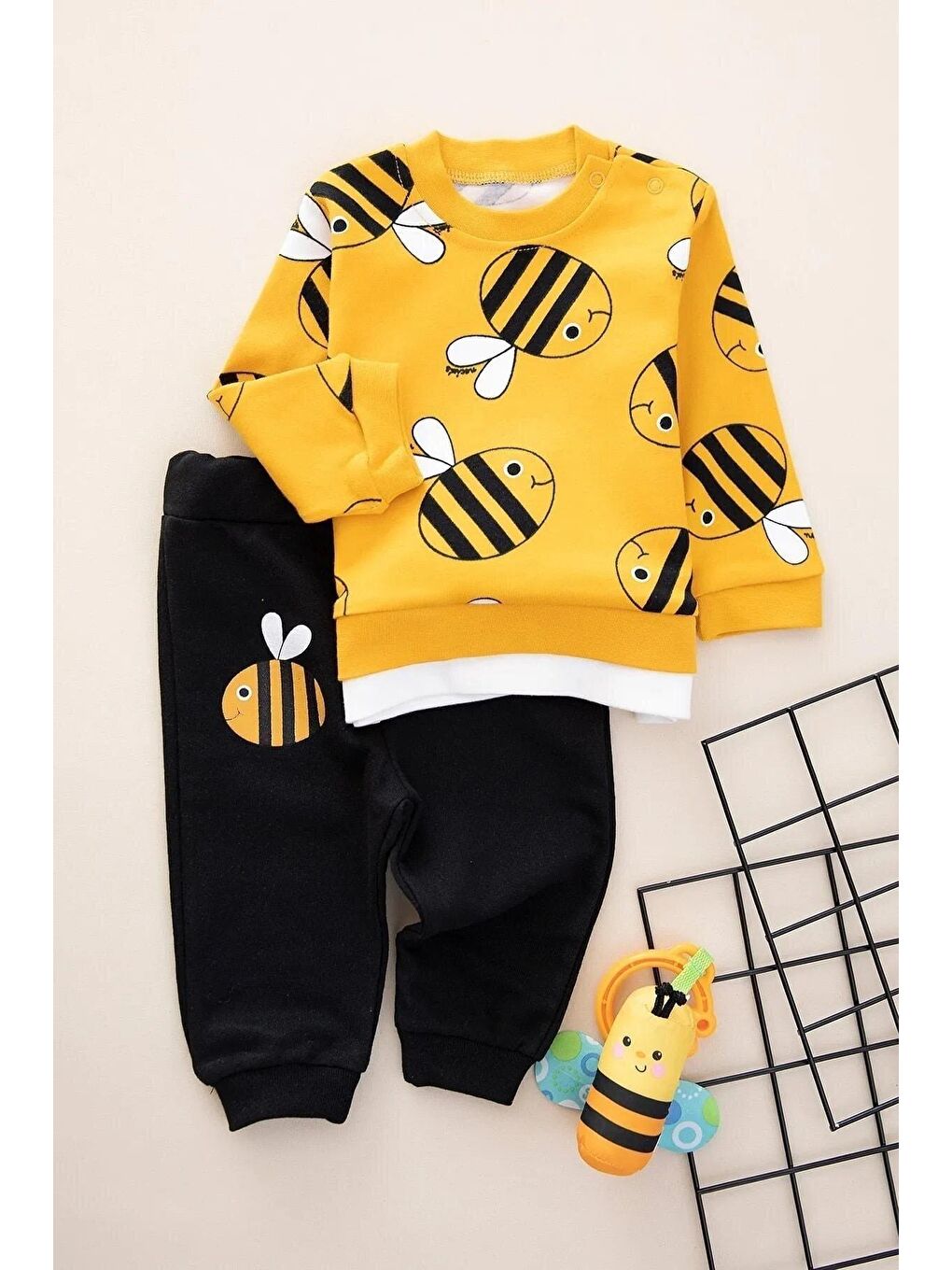Sarı Arı Baskılı Unisex 2'li Bebek Takım