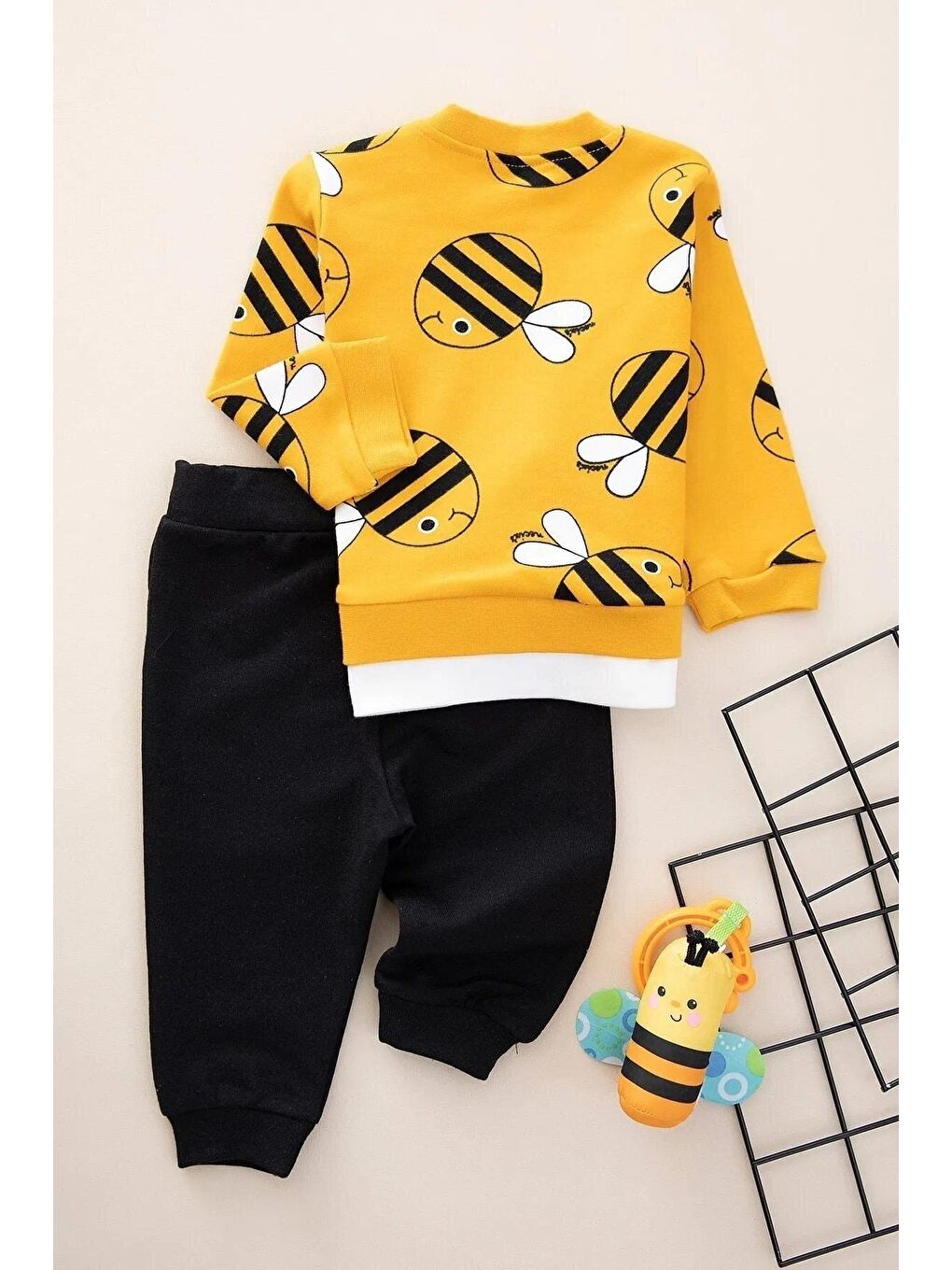 Sarı Arı Baskılı Unisex 2'li Bebek Takım-4