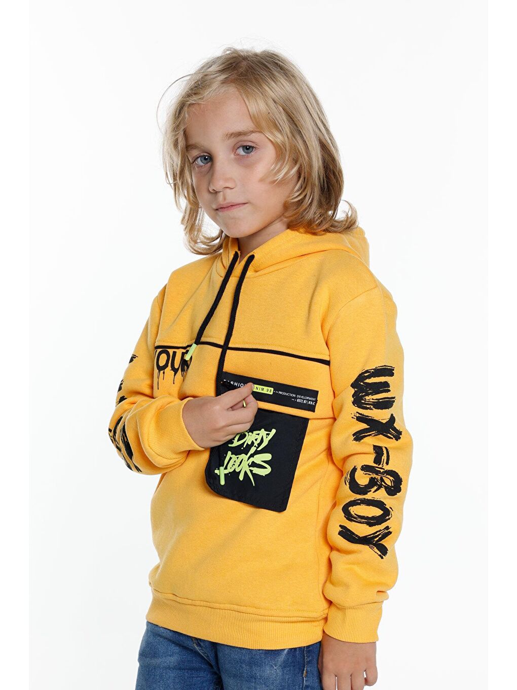 Sarı Erkek Çocuk Yours Yazı Baskılı Kapüşonlu Sweatshirt 14183-1