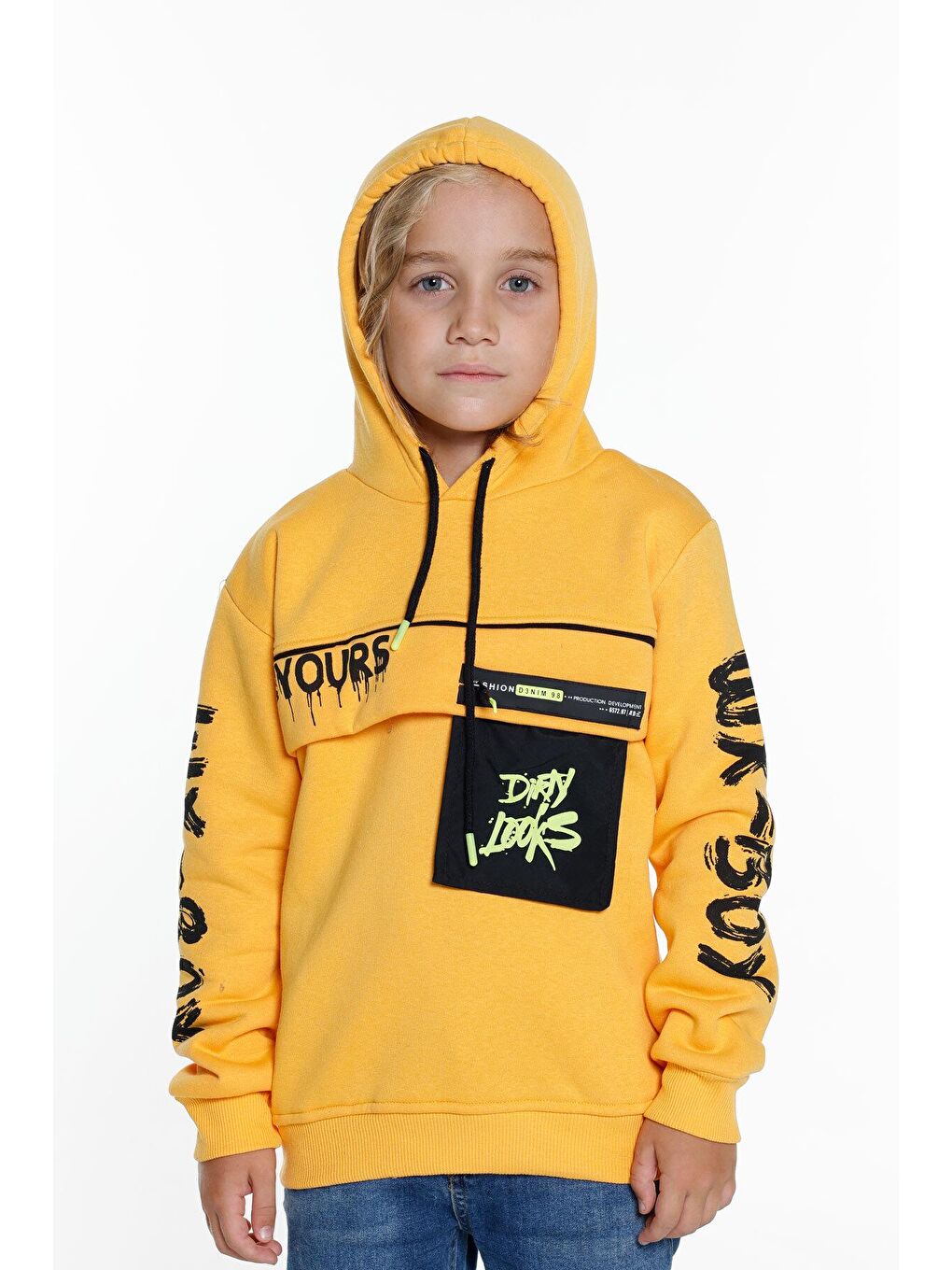 Sarı Erkek Çocuk Yours Yazı Baskılı Kapüşonlu Sweatshirt 14183-2