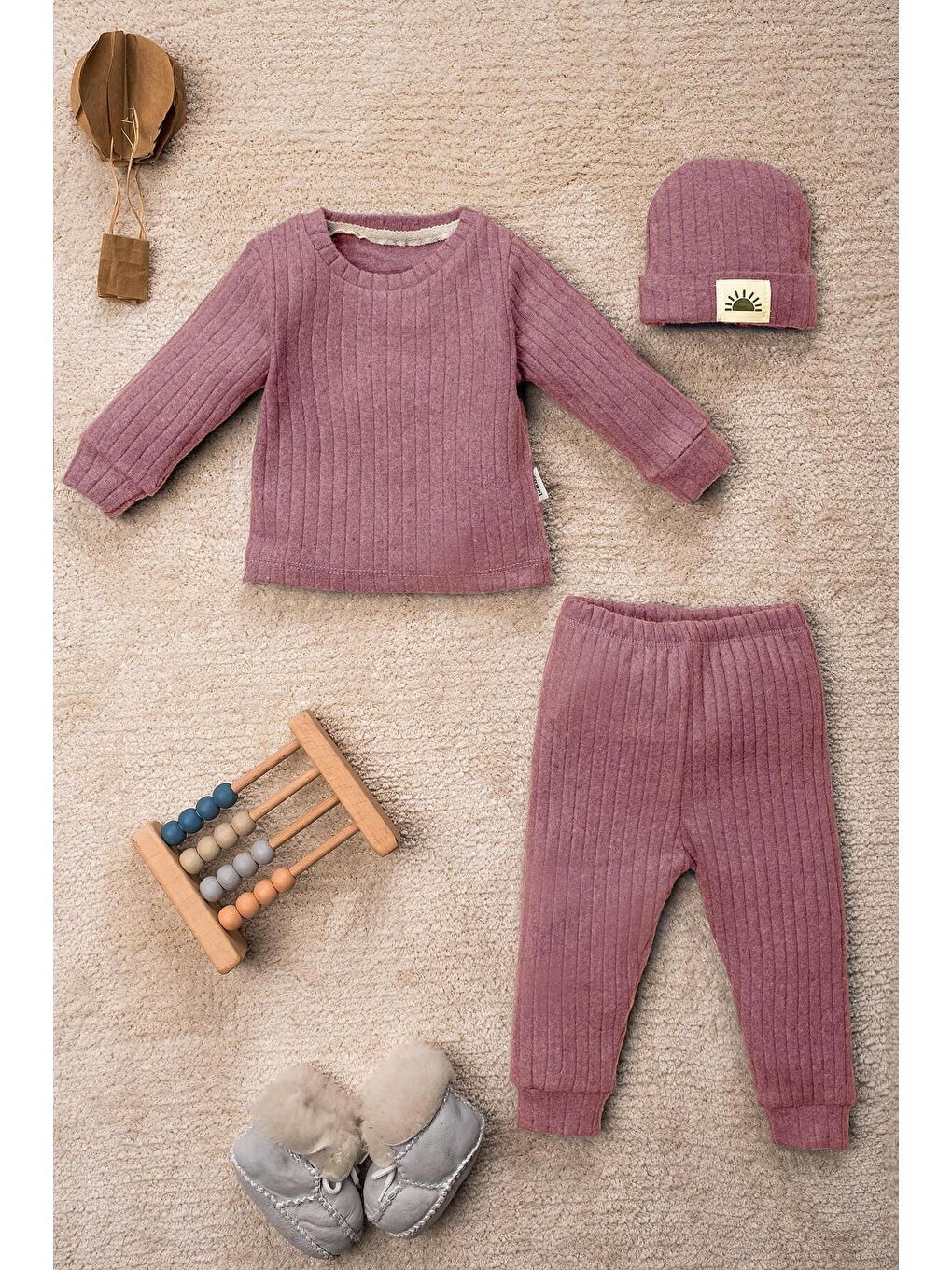 Mor Güneşli 3 Parça Organik Bebek Takımı
