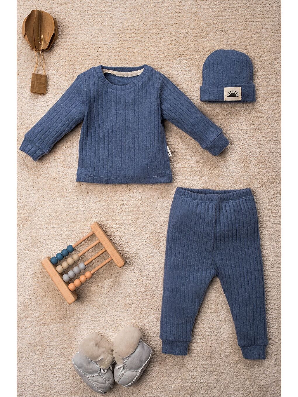 Mavi Güneşli 3 Parça Organik Bebek Takımı