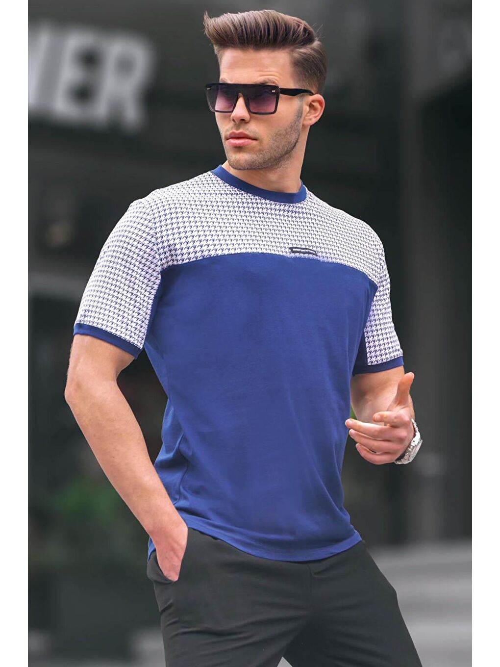 Lacivert Kazayağı Desenli Erkek %100 Pamuk Tişört 6103