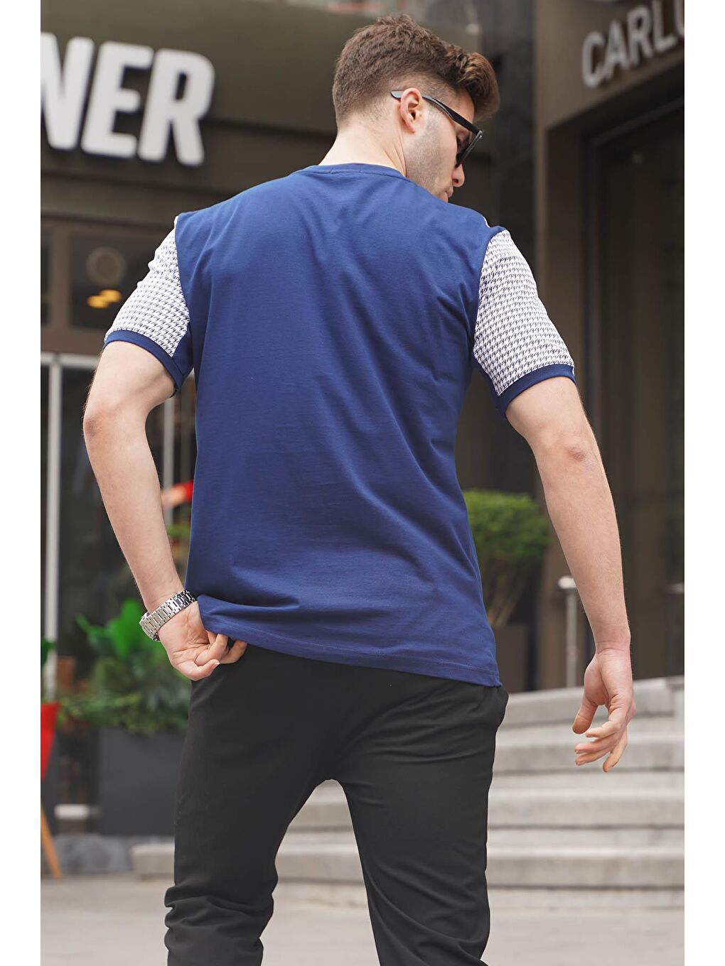 Lacivert Kazayağı Desenli Erkek %100 Pamuk Tişört 6103-1