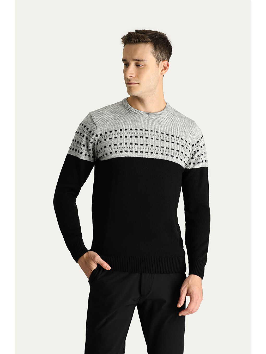 Siyah Bisiklet Yaka Slim Fit Dar Kesim Desenli Triko Kazak-3