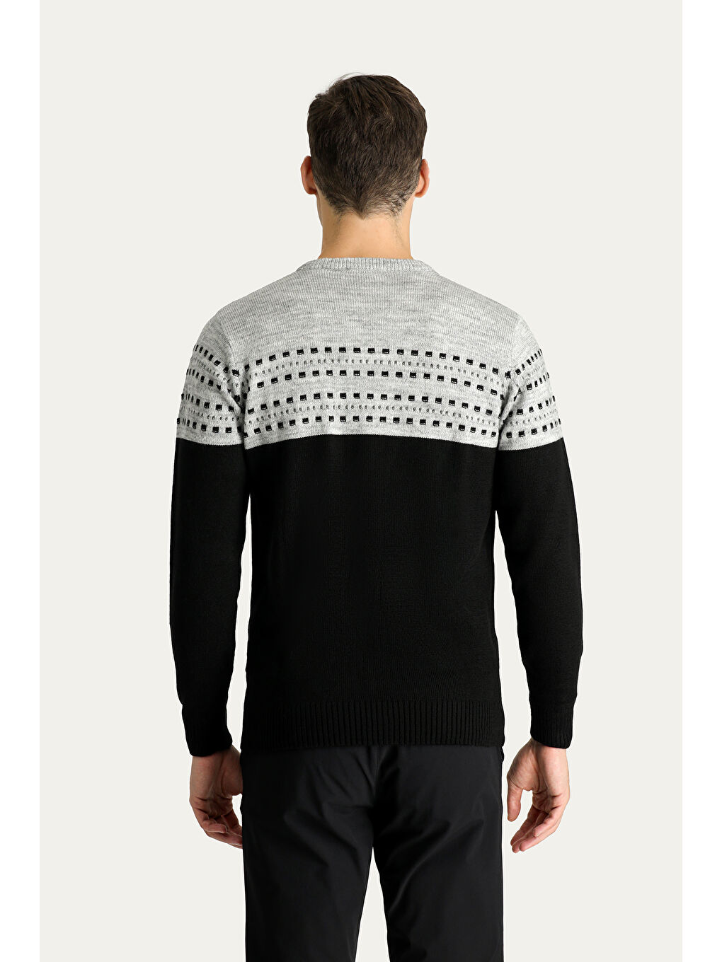 Siyah Bisiklet Yaka Slim Fit Dar Kesim Desenli Triko Kazak-4