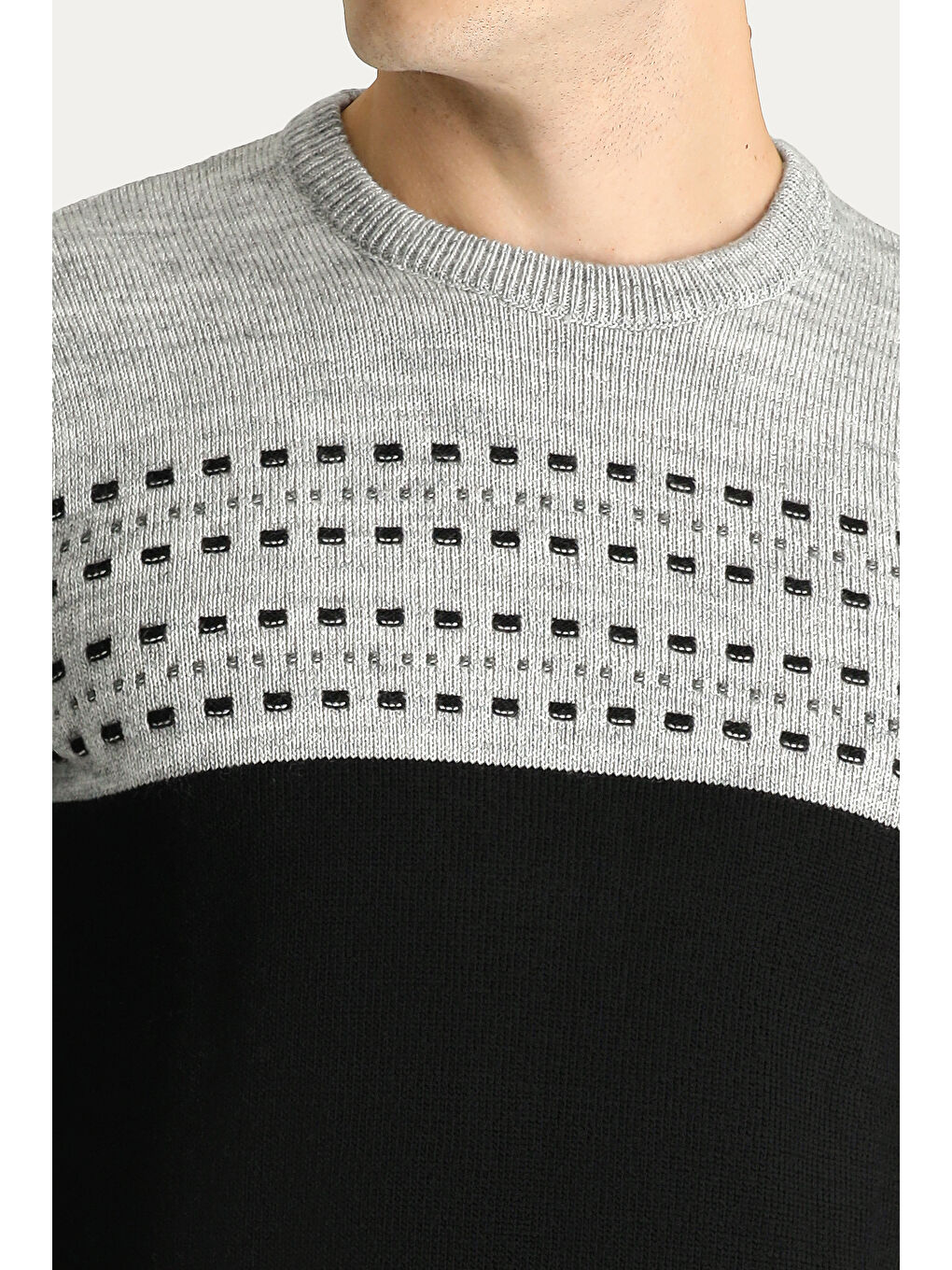 Siyah Bisiklet Yaka Slim Fit Dar Kesim Desenli Triko Kazak-5