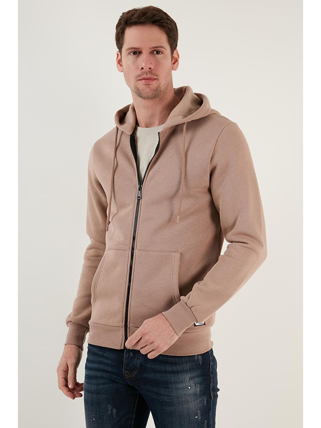 Bej Slim Fit Kapüşonlu  İçi Tüylü Yumuşak Şardonlu Kışlık Fermuarlı Sweatshirt 5905340-3