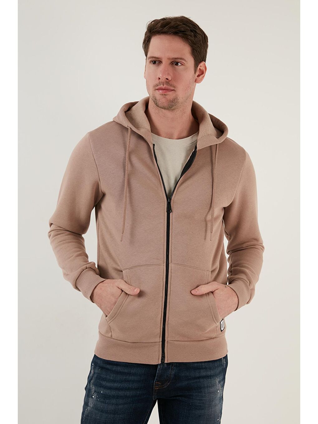 Bej Slim Fit Kapüşonlu  İçi Tüylü Yumuşak Şardonlu Kışlık Fermuarlı Sweatshirt 5905340-4