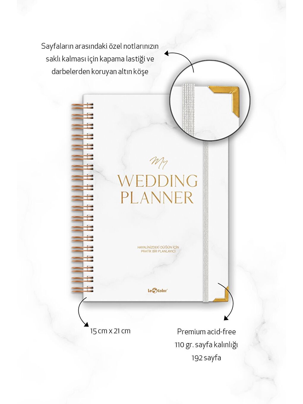 LE COLOR Beyaz Düğün Planlayıcısı Altın Köşeli Ajanda Luxury Wedding Planner - 1