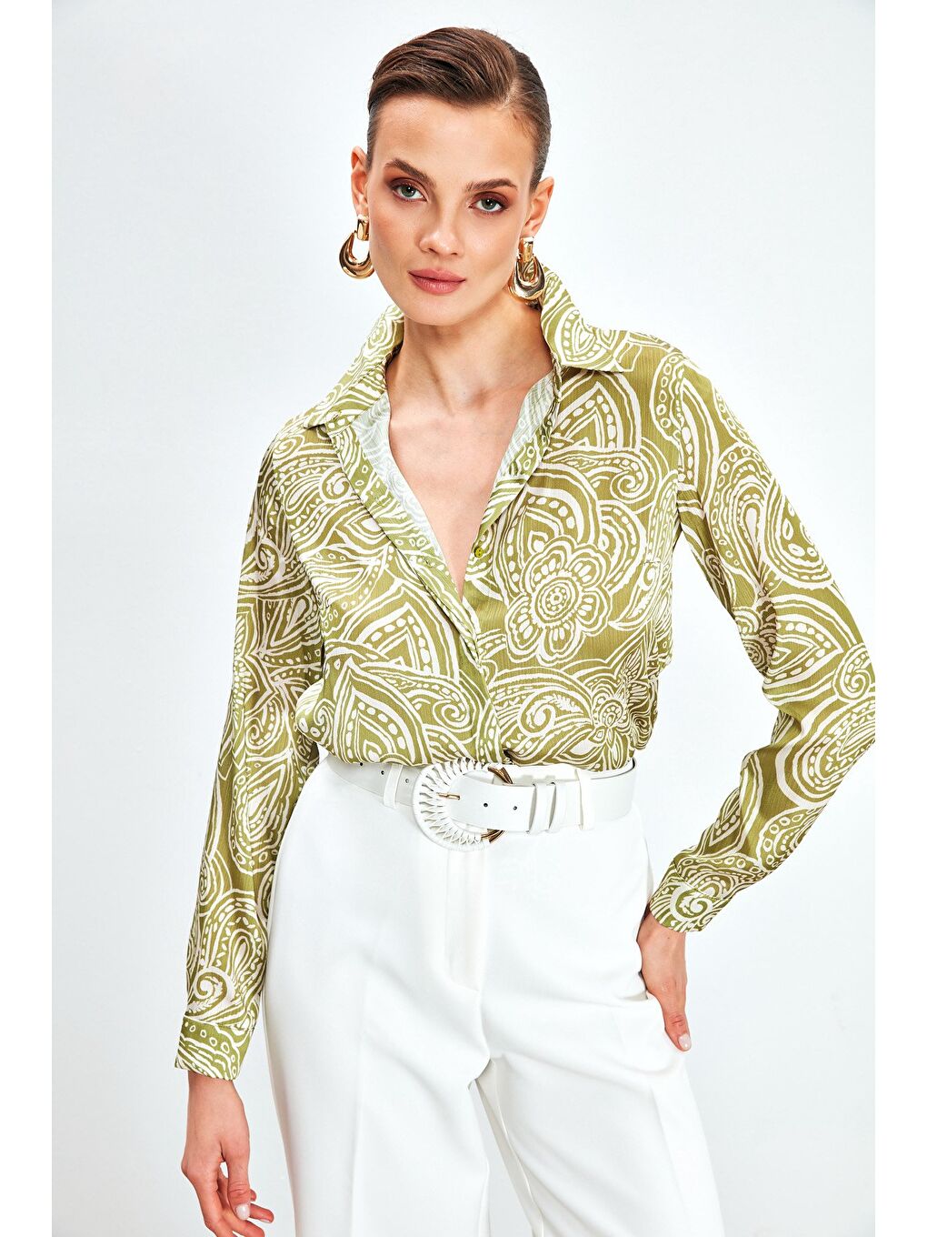 Desenli Düz Gömlek - Yağ Yeşili-1