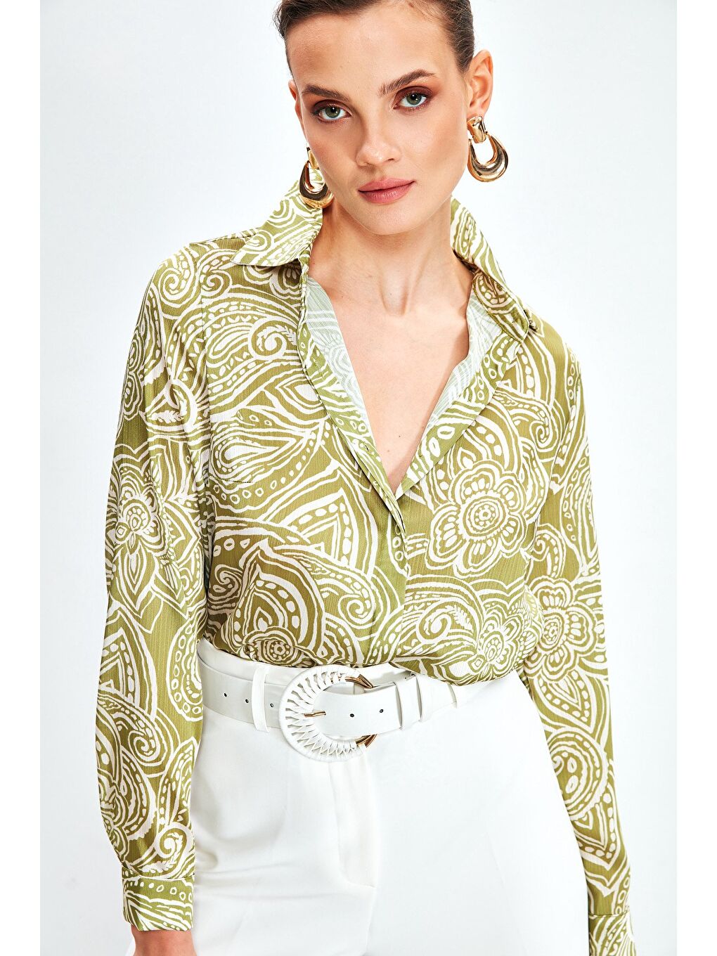 Desenli Düz Gömlek - Yağ Yeşili-2