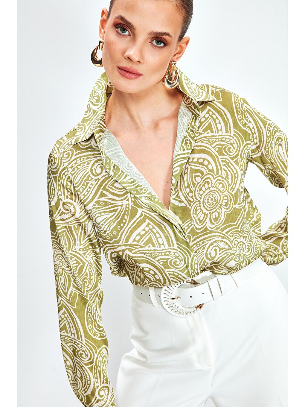 Desenli Düz Gömlek - Yağ Yeşili-3