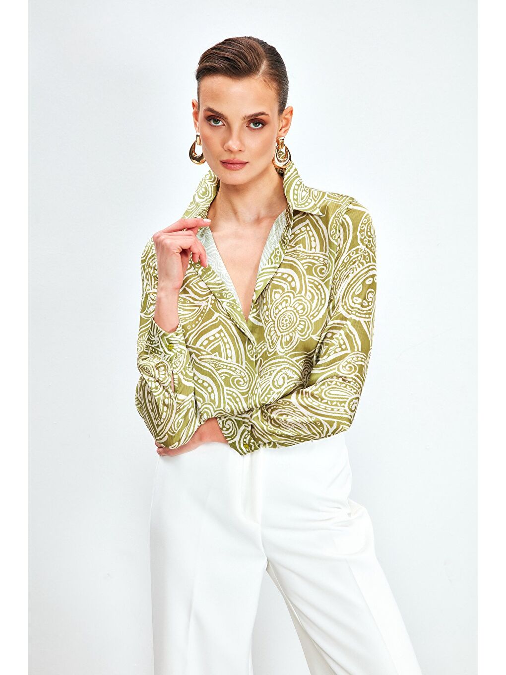 Desenli Düz Gömlek - Yağ Yeşili-4