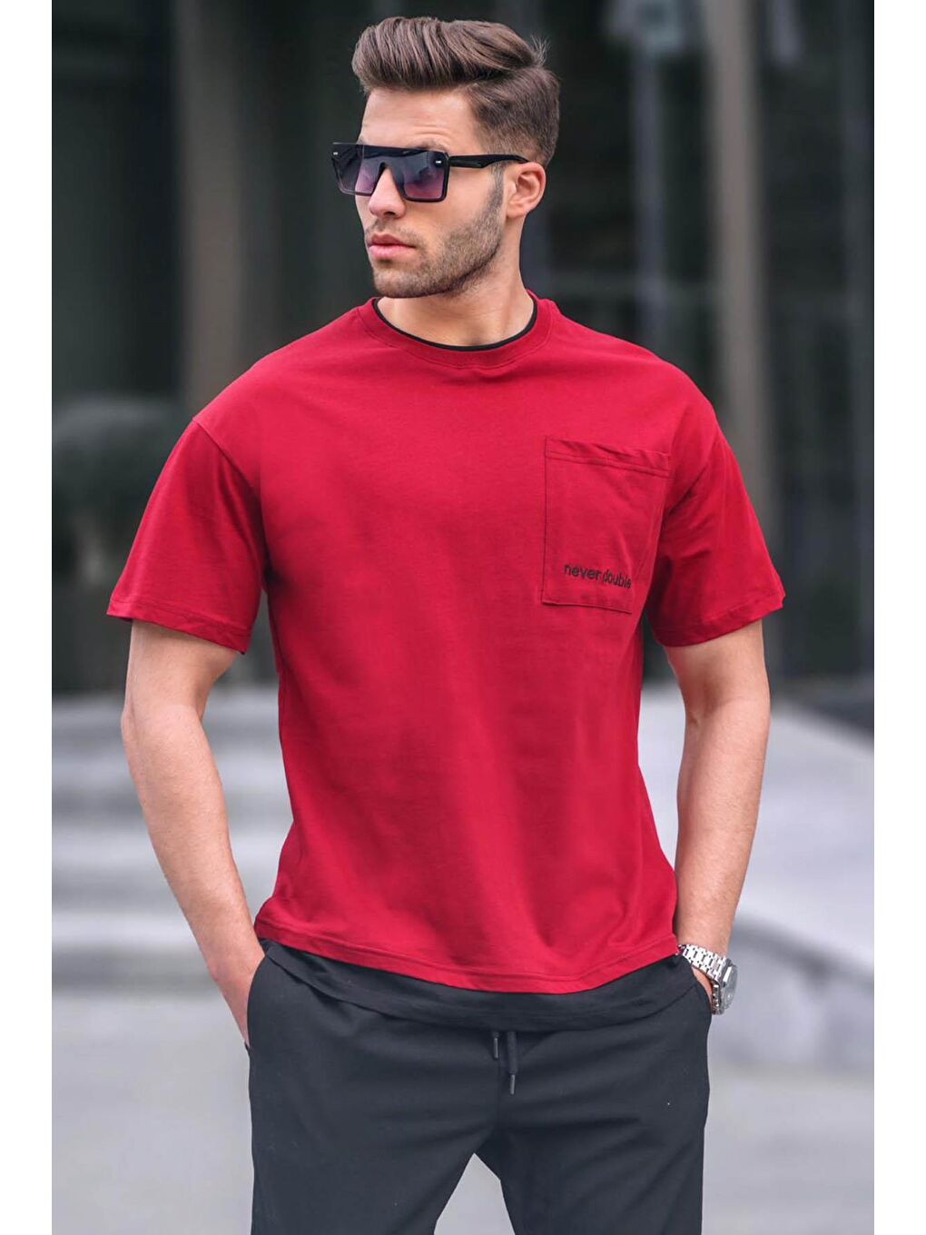 Bordo Parçalı Basic Erkek %100 Pamuk Tişört 6090