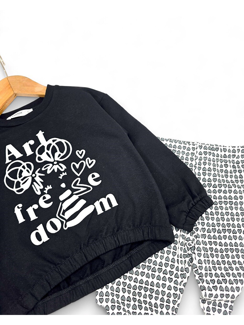 Siyah Kız Çocuk Kalp Baskılı Taytlı, Mevsimlik, 2-10 Yaş Sweatshirtlü Alt Üst Taytlı Takım-3