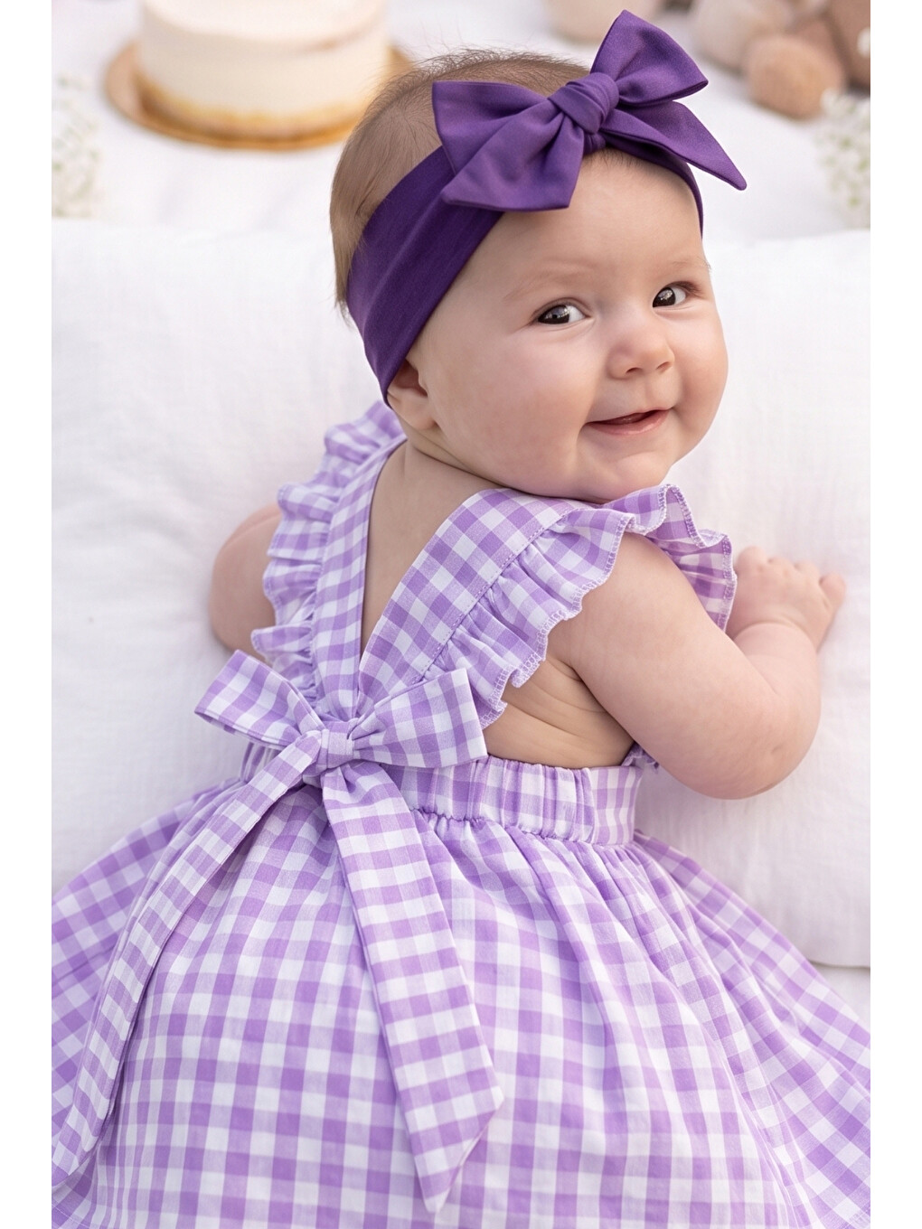 Kız Bebek Violetta Lila Pötikareli Fırfırlı Bağlama Detaylı Elbise Bandana Takım-1